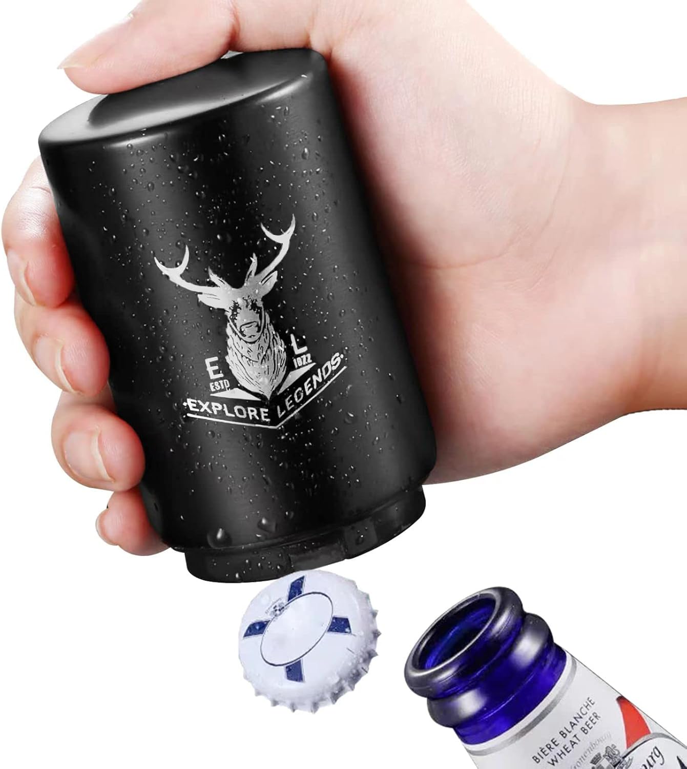 2PCS Beer Bottle Opener with Magnetic Cap, Automatic Stainless Steel One-Handed Bottle Cap Opener, Spring Loaded Push&Pop for Kitchen Home Bar Restaurant Household Utensils Destapador de Cerveza