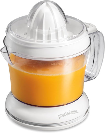 Proctor Silex Electric Citrus Juicer Machine, Large 34 oz. Pitcher, Pressure Activated, 2 Reamers for Big and Small Fruit, Pulp Control, for Orange, Lemon, Grapefruit Juice, White & Green (66340)