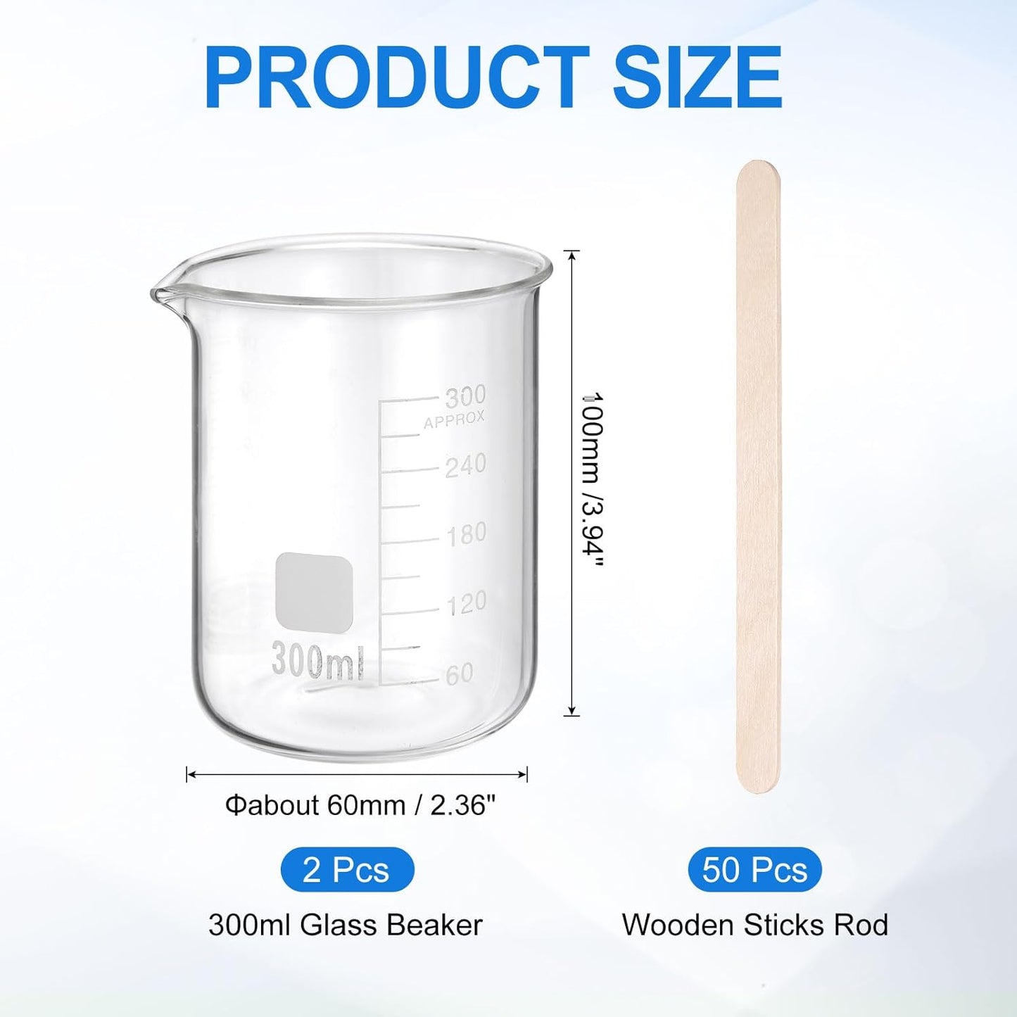 PATIKIL 250ml Glass Beaker, 2 Pack Measuring Glass Beaker Graduated Borosilicate Lab Cups Mug Low Form Heat Safe Transparent with 50pcs Wood Sticks for Laboratory Science Kitchen Liquids