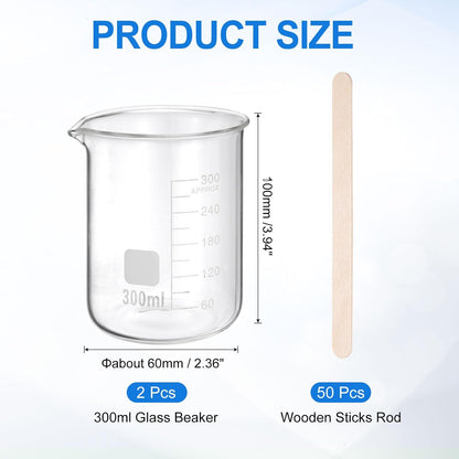 PATIKIL 250ml Glass Beaker, 2 Pack Measuring Glass Beaker Graduated Borosilicate Lab Cups Mug Low Form Heat Safe Transparent with 50pcs Wood Sticks for Laboratory Science Kitchen Liquids