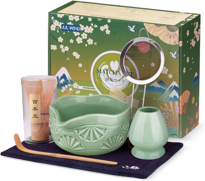 Matcha Whisk Set, Ceramic Matcha Set Includes Bowl with Spout, Whisk and Holder, Bamboo Scoop, Sifter and Tea Towel - 6 Pcs Matcha Kit Gift for Matcha Lovers (White)