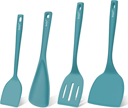Beijiyi Silicone Spatula Set of 4, 600°F Heat Resistant, BPA Free Kitchen Spatula and Spoons for Nonstick Cookware, Solid & Slotted Turner Cooking Utensils for Serving, Flipping Egg, Pancakes (Khaki)