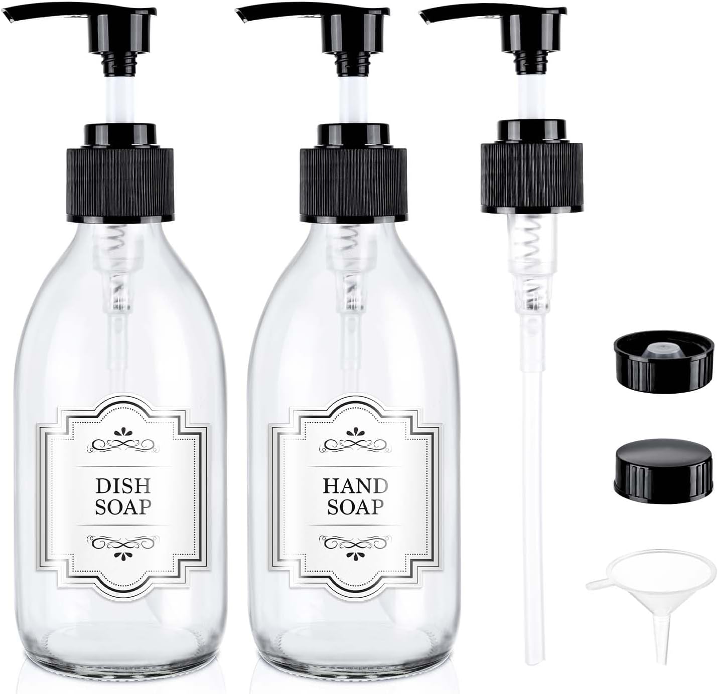 8 oz Amber Glass Pump Bottle, 250ml Glass Soap Dispenser Bottle for Body Lotion Massage Oil, Refillable Empty Hand and Dish Soap Dispensers Set with Labels - 2 Pack