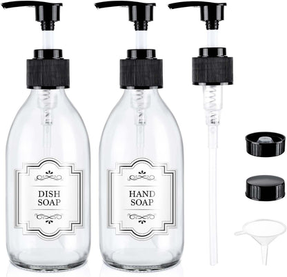 8 oz Amber Glass Pump Bottle, 250ml Glass Soap Dispenser Bottle for Body Lotion Massage Oil, Refillable Empty Hand and Dish Soap Dispensers Set with Labels - 2 Pack