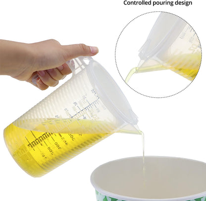 QWORK 2 Pack 32oz (1 Quart) Measuring Pitcher - Plastic, Multipurpose, Polypropylene, with Clear Ounce & Milliliter Markings, Dustproof Lid, for Cooking, Home Hobbies, Shop Oil and Fluids