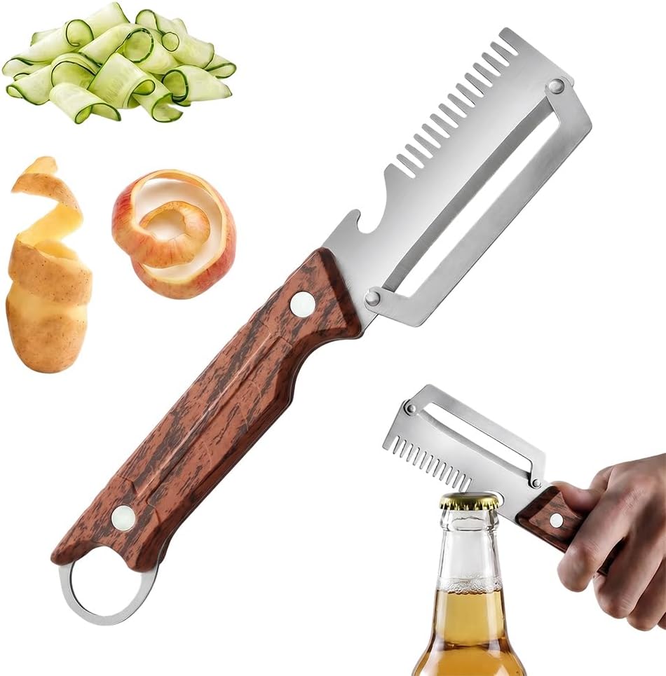 Premium Multi-Functional Vegetable Peeler for Kitchen, 2026 New Heavy Duty Stainless Steel Potato Peeler with Ergonomic Wooden Handle & Bottle Opener for Fruit and Vegetables (C-2Pcs)