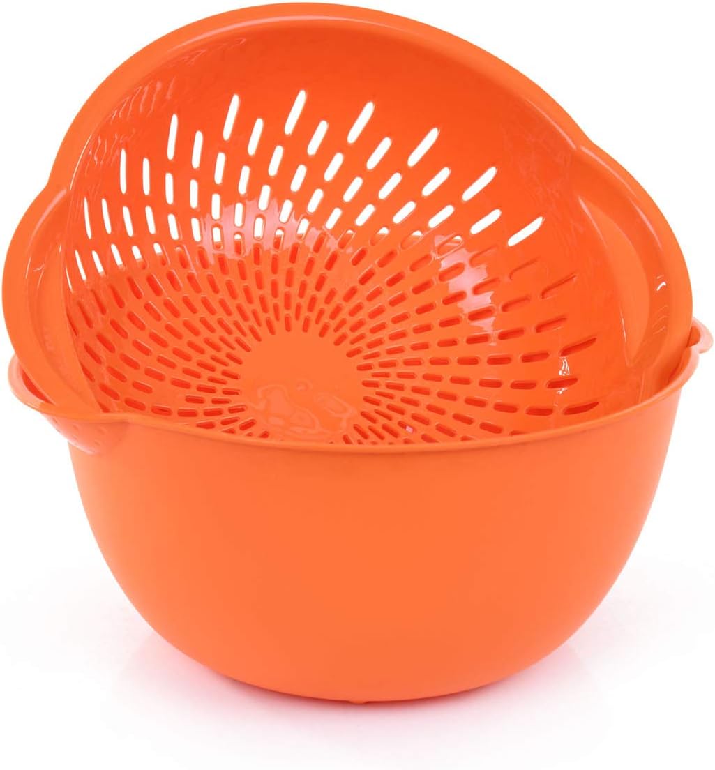 Mintra Home Mixing Bowl w/Colander (Large 4.5L, Red) - For Washing & Draining Fruits And Vegetables - Heavy Duty Plastic for Baking, Cooking Supplies - Dishwasher Safe