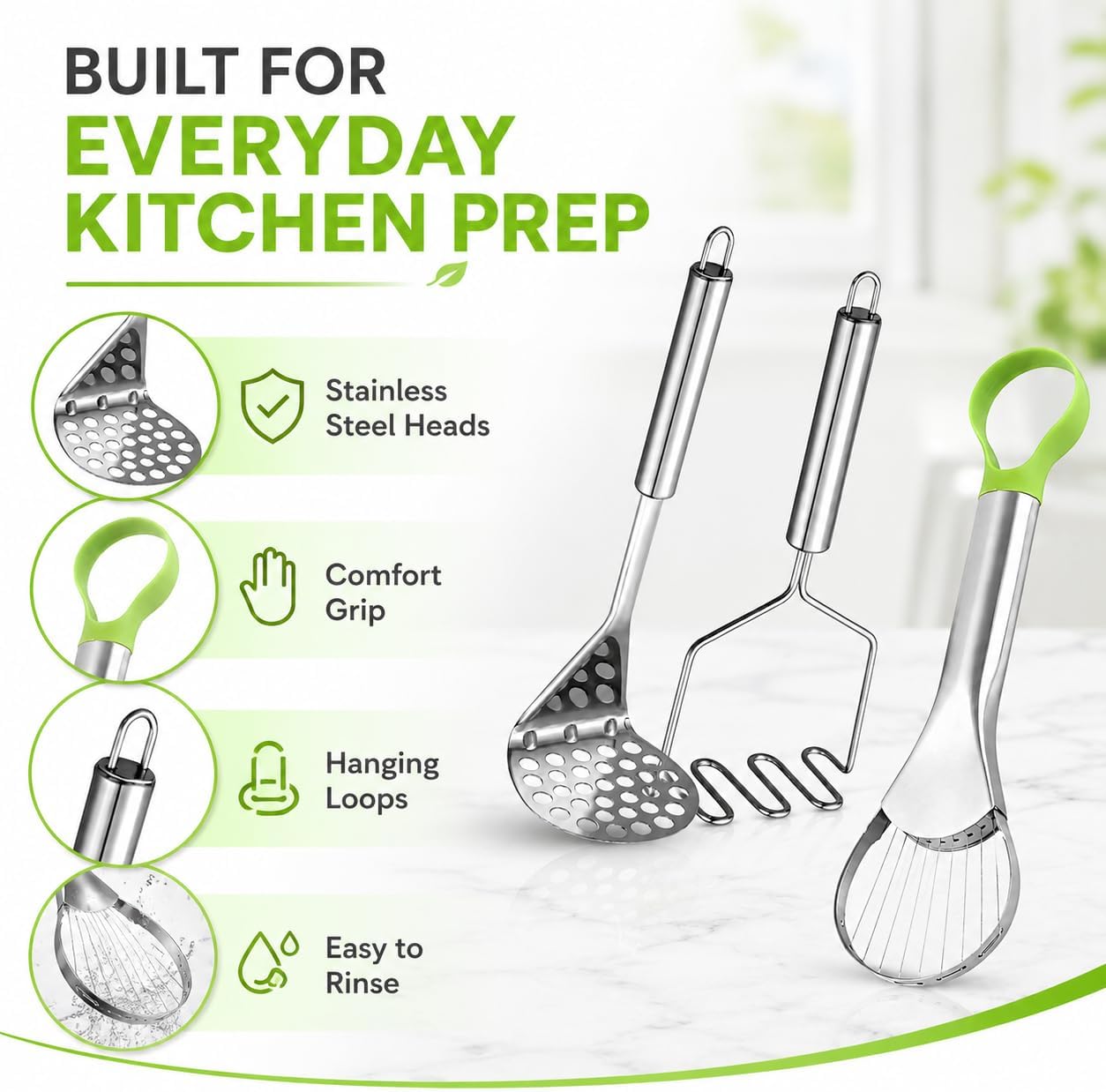 3 in 1 Avocado Slicer Tool, Avocado Cutter Pitter Peeler and Scooper, Stainless Steel Avocado Pit Remover with 2pcs Potato Masher, Dishwasher Safe Fruit Slicer for Guacamole, Avocado Toast, Salad