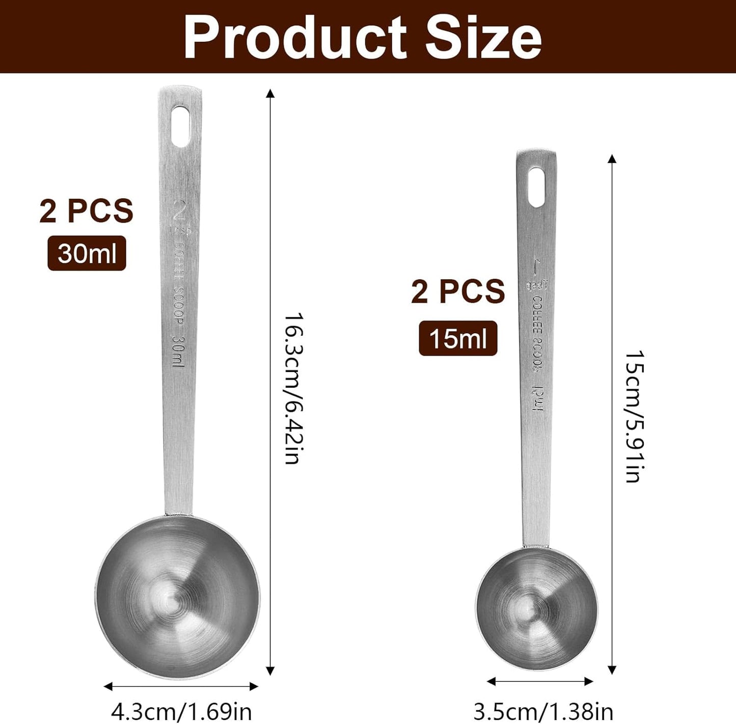 4Pcs Coffee Scoop - 2pcs 15ML and 2pcs 30ML Stainless Steel Tablespoon Measuring Spoon with Long Handle