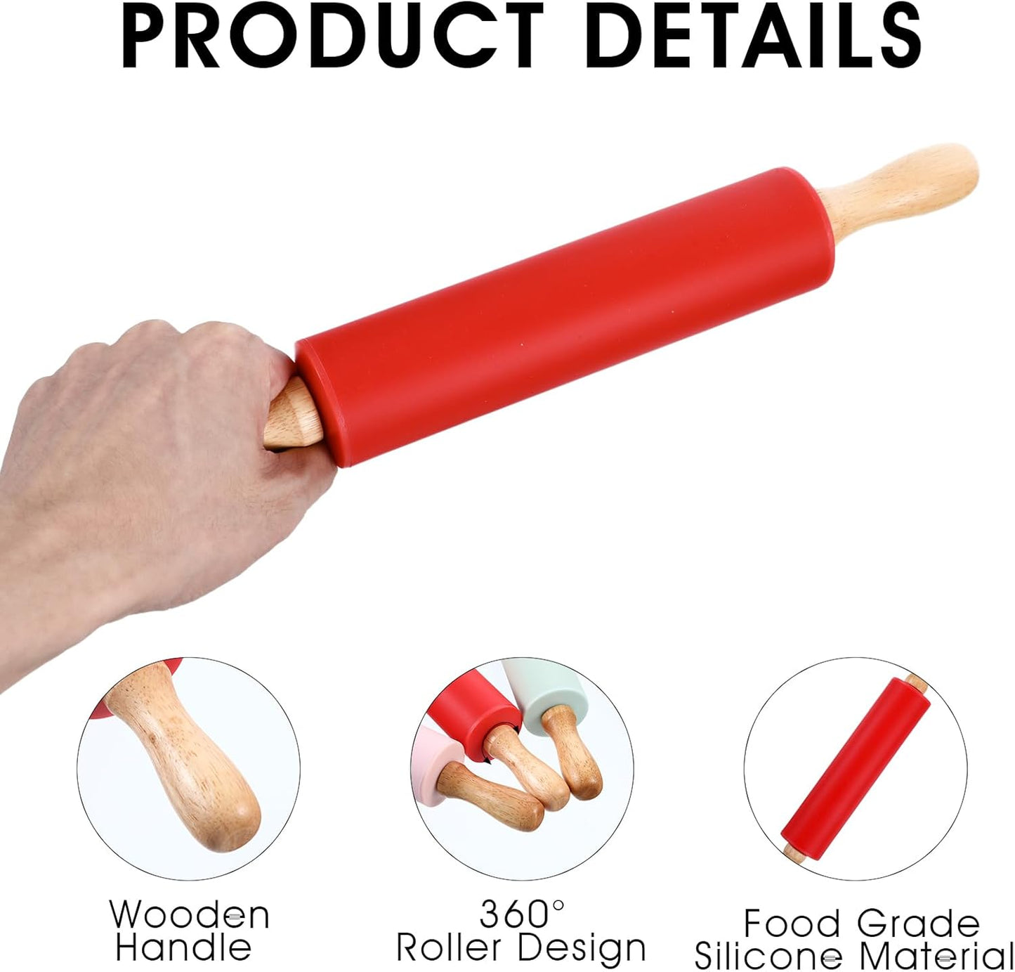6 Pack Small Rolling Pins for Kids, Silicone Rolling Pin with Wooden Handle, Mini Rolling-Pins for Dough, Cookie, Pastry, 12 Inch (6 Colors)