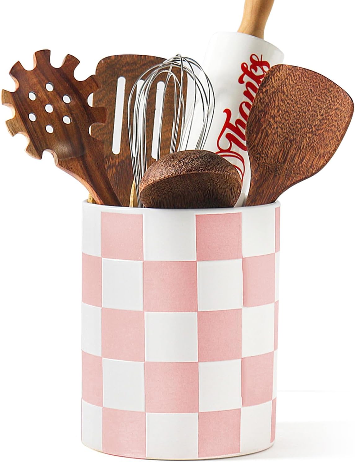Checkered Kitchen Utensil Holder - 7.2" Ceramic Utensil Crock for Countertop, Kitchen Decor and Accessories for counte (Black)