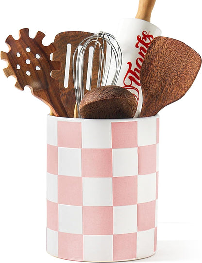 Checkered Kitchen Utensil Holder - 7.2" Ceramic Utensil Crock for Countertop, Kitchen Decor and Accessories for counte (Black)