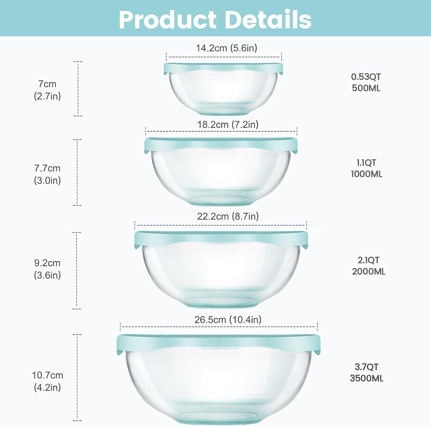 Luvan Glass Mixing Bowls with Lids Set(4.5QT, 2.7QT, 1.1QT)-Large Glass Mixing Bowls, Clear Salad Bowl for Baking, Cooking, Serving, Food Prep, 3PC Nesting Bowls for Kitchen Storage & Dishwasher Safe