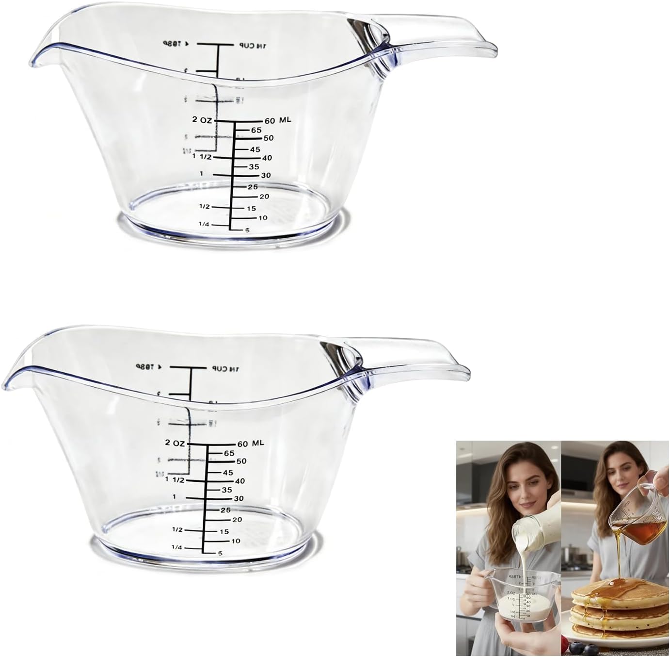 2-Pack Small Measuring Cups, 2 oz/60 ml Mini Measuring Cups, with Small Spoon/Large Spoon/Ounce/Milliliter Markings, Transparent 2 oz Cups, For Kitchen and Laundry