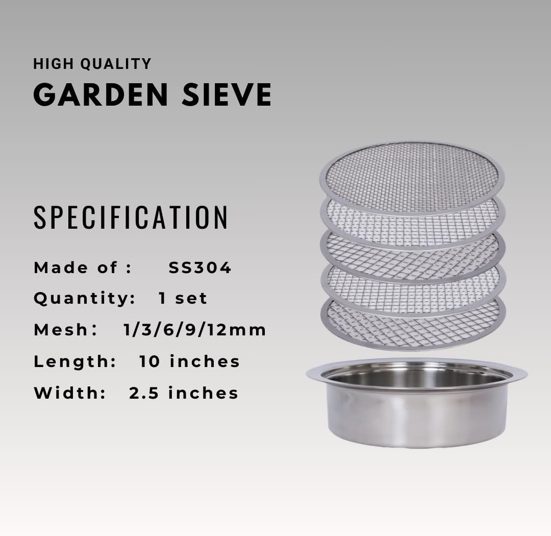 Soil Sifter Set for Garden with 5PCS Mesh(1,3,6,9,12mm) Sieve for Rocks and Sand