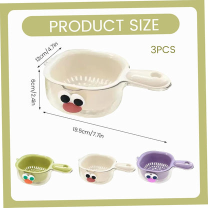 3pcs Fruit Washing Bowl with Strainer, Premium Thickened Double-Layer Design, Ergonomic Handles, Drain Basket for Kitchen Fruits Vegetables, Green Purple White