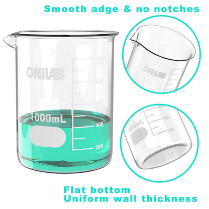 ONiLAB Glass Measuring Beaker Set 50ml 100ml 250ml 500ml 1000ml(Pack of 5) 3.3 Boro Griffin Low Form with Printed Graduation Scientific Glassware for Laboratories, Classrooms or Home Use