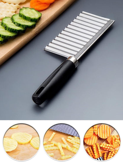 Crinkle Cutter Knife Stainless Steel Cutting Tool for Potato Carrot Chip Vegetable French Fry, Wavy Chopper Wave Slicer Steel Blade, Kids Lunch Accessories (Longer Red Handle)