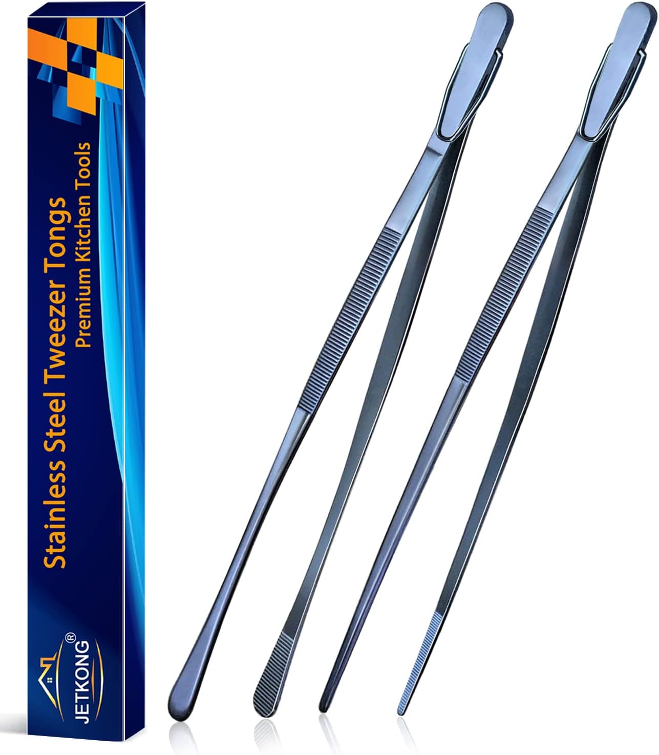 JETKONG 2 Pcs 12-Inch Kitchen Tweezers Fine Tweezer Tongs, Extra-Long Stainless Steel Cooking Tweezers (Silver)