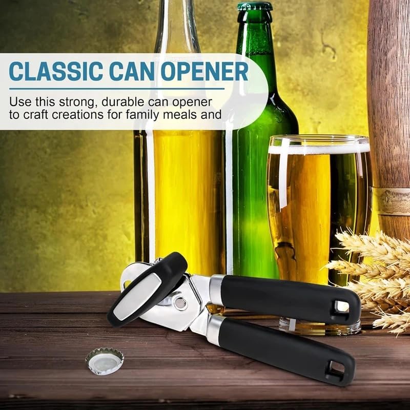 Premium Stainless Steel Manual Can Opener – Heavy Duty, Smooth Edge Design with Soft Grip Handle & Easy Turn Knob, Ergonomic Bottle Can Opener for Seniors & Kitchen Essentials, Black