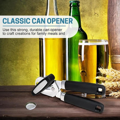 Premium Stainless Steel Manual Can Opener – Heavy Duty, Smooth Edge Design with Soft Grip Handle & Easy Turn Knob, Ergonomic Bottle Can Opener for Seniors & Kitchen Essentials, Black