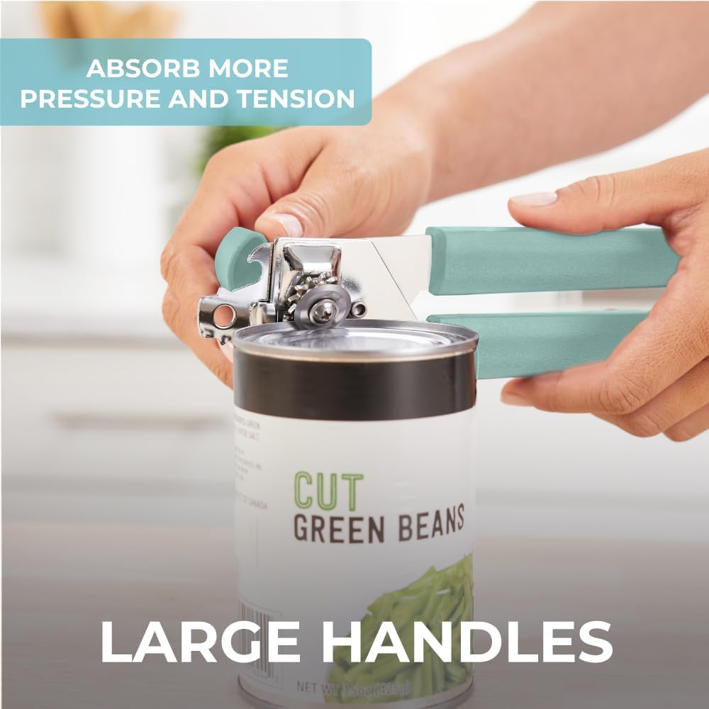 Kitchen Genie Slip Resistant Stainless Steel Manual Can Opener, Sharp Blade for Smooth Edge Cuts, Easily Open Cans, Ergonomic Handles with Easy to Turn Knob, Built-In Bottle Openers, Pitch Black