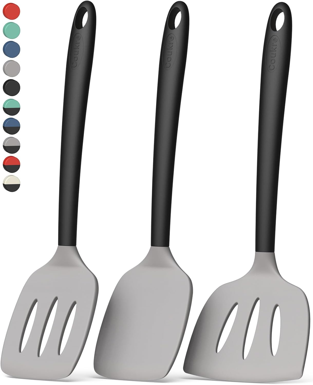 Coukre 3 Pack Silicone Spatula Set, High Heat Resistant, BPA-Free, Fish Spatula, Solid & Slotted Turner for Non-Stick Pans, Flipping Eggs, Pancakes, Fish, Burgers (3, PureBlack)
