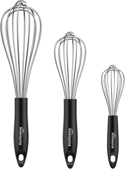 NileHome Silicone Whisk Set 8" 10" 12" Kitchen Whisk Kitchen Wisk Wire Whisks for Cooking, Whisking, Blending, Beating, Stirring-Black 3 Pack