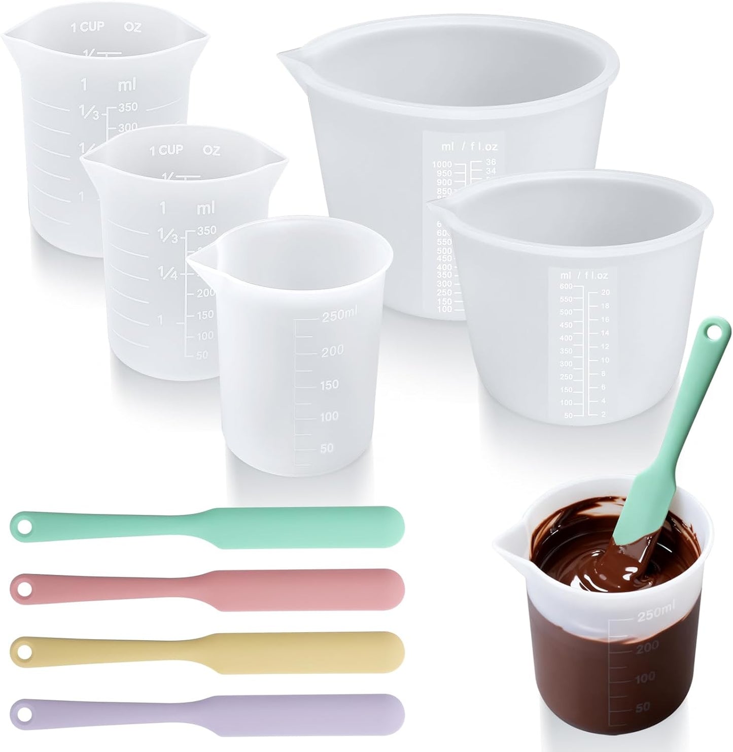 Palksky Silicone Chocolate Melting Cup Set with 4 Silicone Measuring Cups (250ml & 350ml) and 4PCS Heat-Resistant Jar Spatulas, Non-Stick Baking Tools for DIY Chocolate, Butter & Cream Mixing