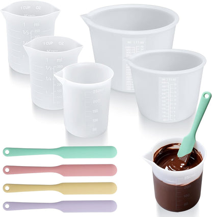 Palksky Silicone Chocolate Melting Cup Set with 4 Silicone Measuring Cups (250ml & 350ml) and 4PCS Heat-Resistant Jar Spatulas, Non-Stick Baking Tools for DIY Chocolate, Butter & Cream Mixing