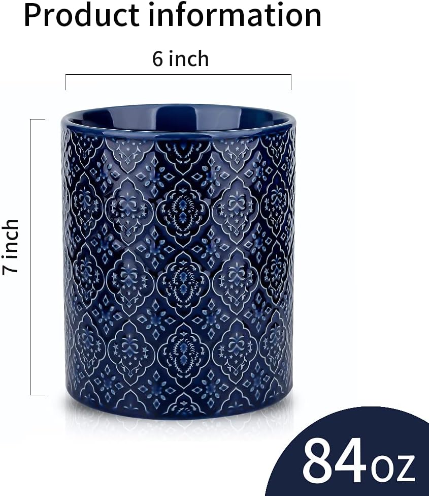 KOOV Kitchen Utensil Holder, Large Utensil Holders for Countertop, 6 x 7 Inches Ceramic Utensil Crock, Deep and Stable, Cooking Utensil Holder, Embossed Pattern (BLue)