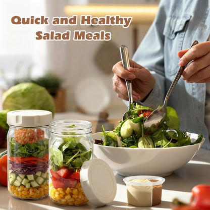 4 Pack Glass Salad Jars with Lids Meal Prep, 32oz Leakproof Mason Jar Salad Container for Lunch With 2pcs Brushes, Two Small Separate Compartments for Dressing and Dry Ingredients