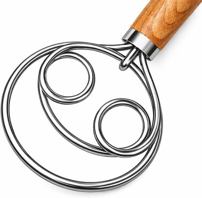 Danish Dough Whisk for Sourdough – Thick Stainless Steel Dutch Whisk with Ergonomic Oak Handle – Heavy-Duty Dough Mixer for Bread & Baking