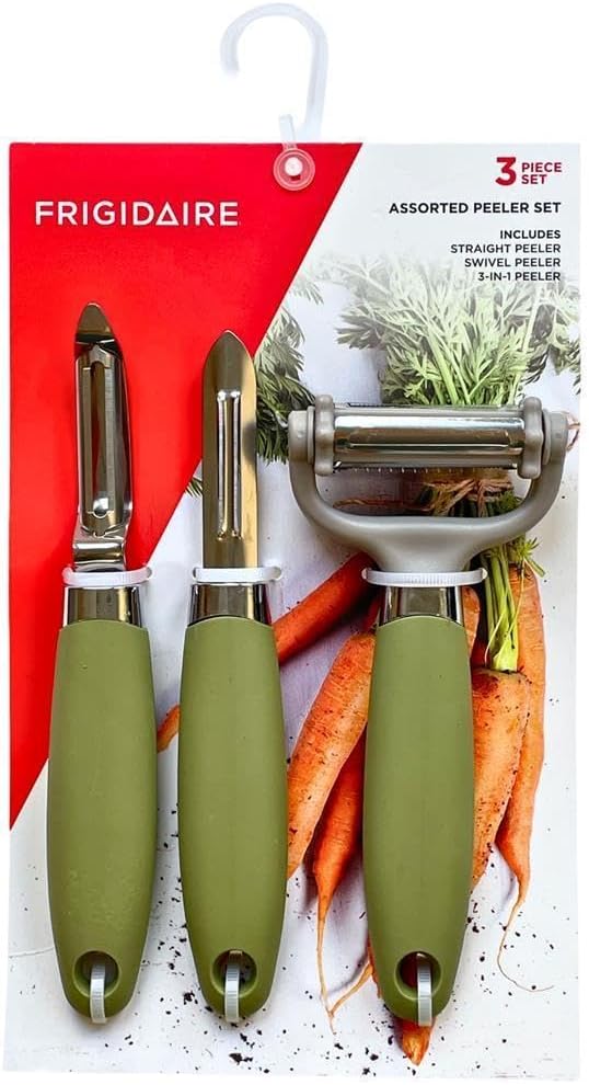 Frigidaire 3-Piece Peeler Set - Straight Peeler, Swivel Peeler, 3-in-1 Peeler - Stainless Steel and Silicone (OLIVE)