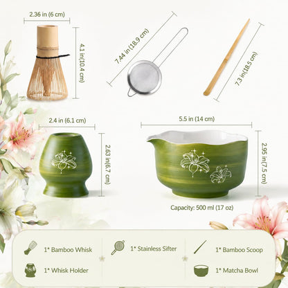 Buucup Matcha Set, Matcha Bowl with Spout, Matcha Whisk and Holder, Bamboo matcha Scoop and Stainless Sifter - 5 Pcs Jade Green Matcha Set Kit for Matcha Lover