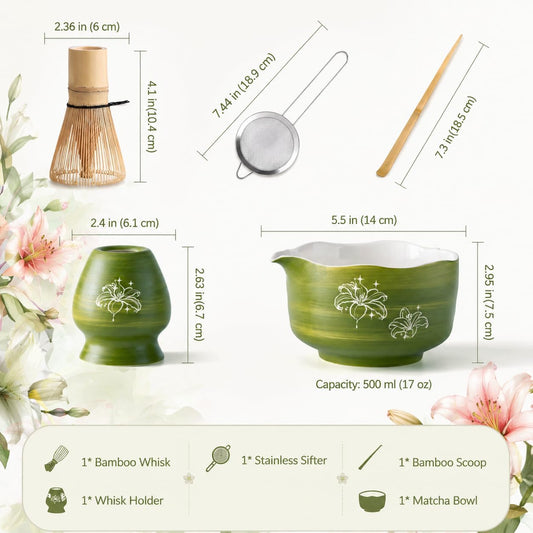 Buucup Matcha Set, Matcha Bowl with Spout, Matcha Whisk and Holder, Bamboo matcha Scoop and Stainless Sifter - 5 Pcs Jade Green Matcha Set Kit for Matcha Lover