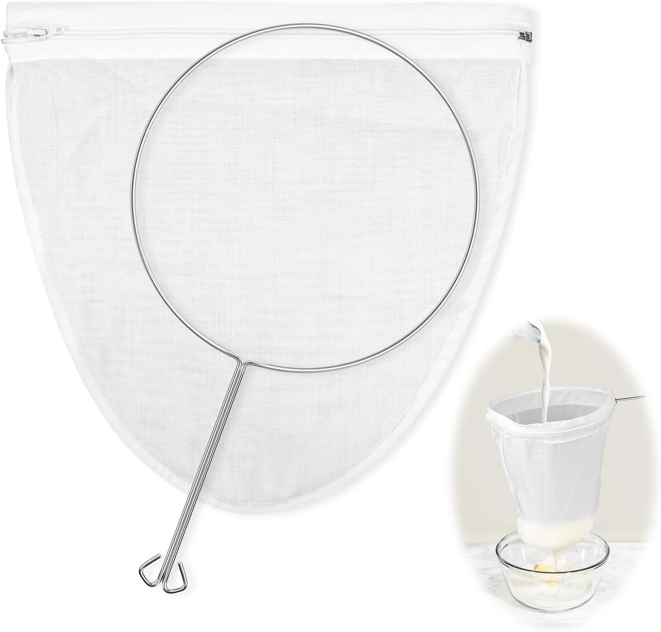1 Pack Ultra Fine Mesh Strainer Bags, Reusable with Stainless Steel Handle, Filter for Nut Milk, Coffee, Juice, Cheese, Honey, and More (Large)