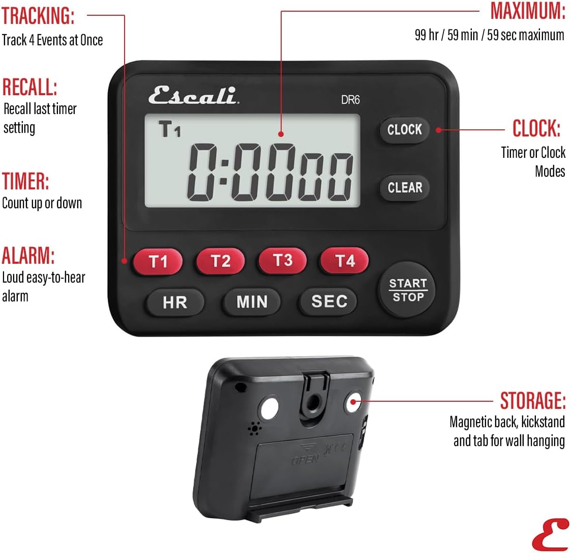 Escali Extra Loud Display Digital Kitchen Timer with Clock Mode, Recall Timer Magnetic Back