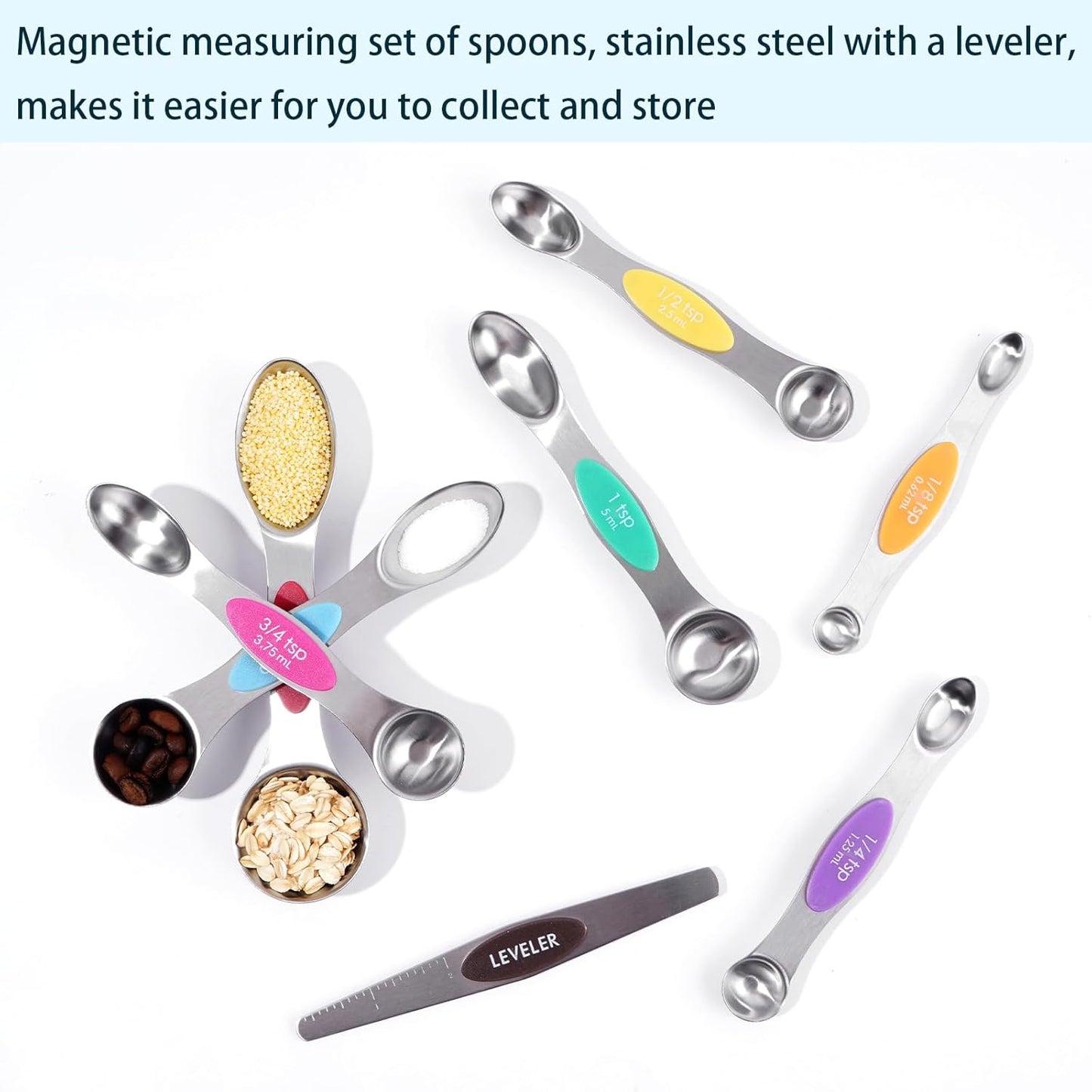 Magnetic Measuring Spoons Set of 8, Stainless Steel Double End Stackable Teaspoon for Cooking and Baking, Tablespoon with Leveler for Measuring Dry and Liquid Ingredients, Multicolor