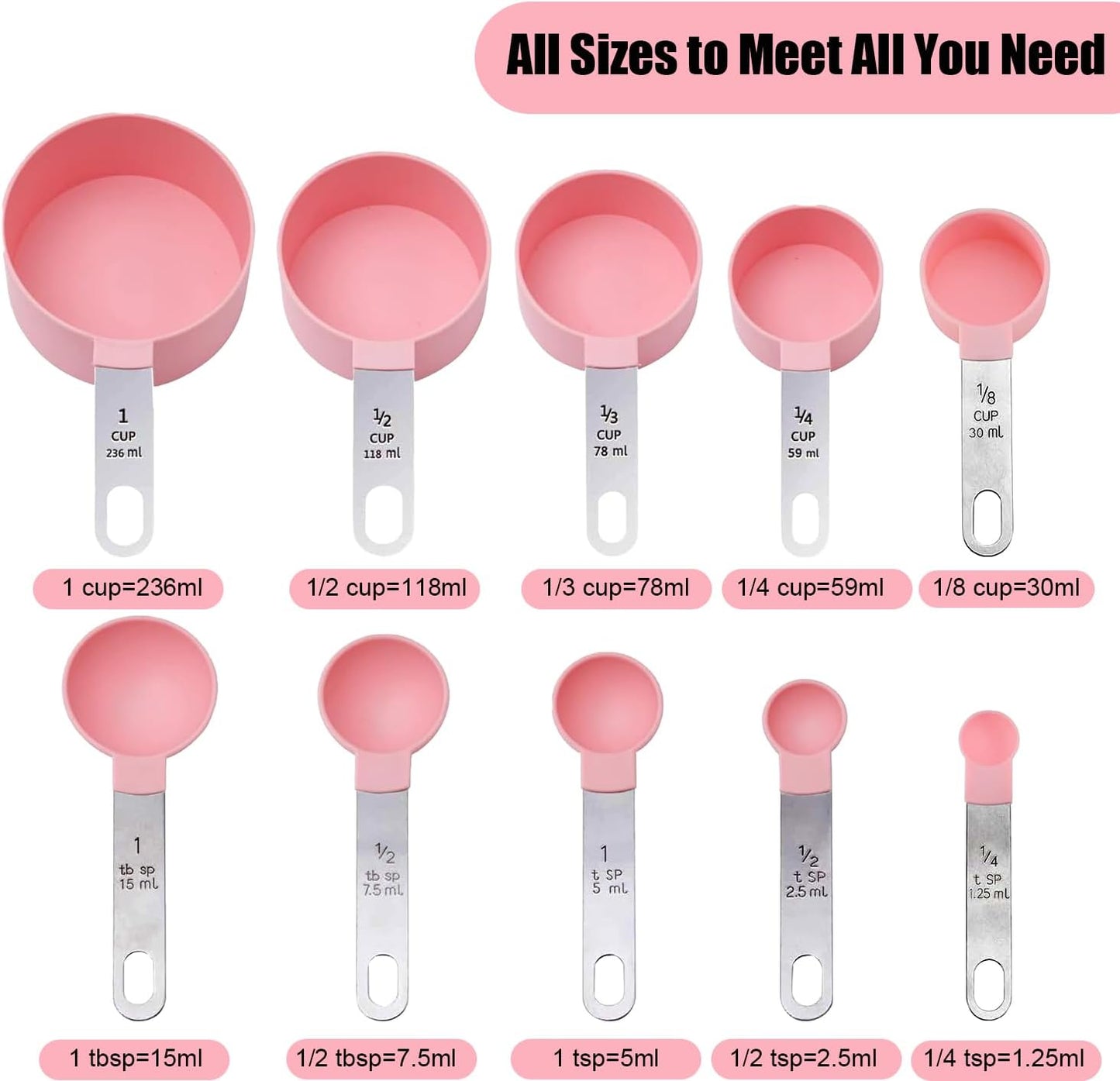 Measuring Cups and Spoons Set, 10-Piece Stackable Kitchen Tools with Stainless Steel Handles, Nesting Measurement Gadgets for Cooking & Baking (pink)