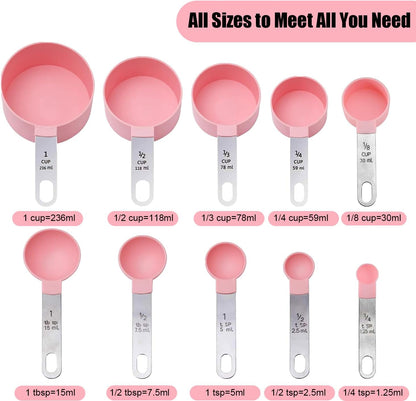 Measuring Cups and Spoons Set, 10-Piece Stackable Kitchen Tools with Stainless Steel Handles, Nesting Measurement Gadgets for Cooking & Baking (pink)