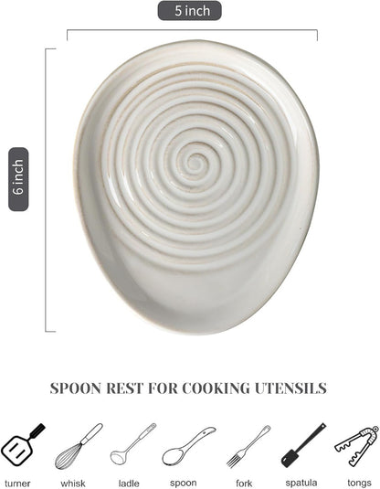 Ceramic Spoon Rest for Stove Top, Spoon Holder for Kitchen Counter, Farmhouse Cooking Utensil Holder for Spoons, Ladles, Spatula, Glazed Green