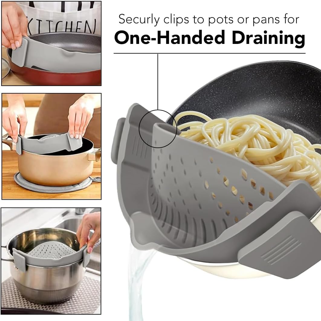 Clip‑On Pot Strainer Silicone Gray Dishwasher‑Safe Side‑Mount Design 9.4×4.6×2.5 Inches | Snap Drain Colander for Pans Bowls Skillets | Heat‑Resistant Kitchen Gadget Splash‑Guard