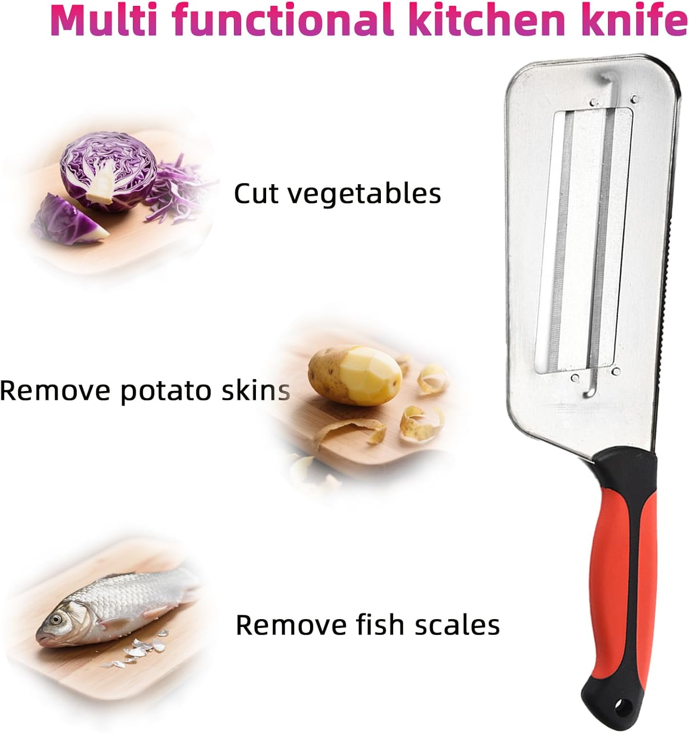 Stainless Steel Cabbage Shredder & Chopper, Sharp Kitchen Slicer for Coleslaw, Sauerkraut & Lettuce, Handheld Grater with Non-Slip Grip, Multifunctional Vegetable Cutter for Salad Prep (Red)