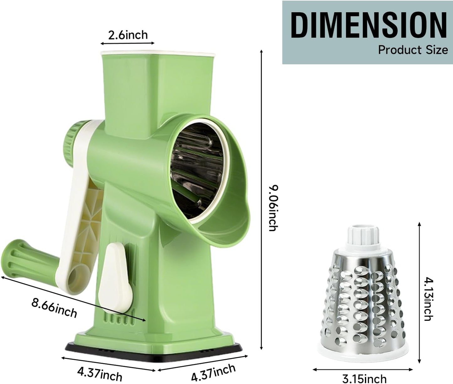 Rotary Cheese Grater, 3-in-1 Manual Vegetable Slicer with Handle, Safer Kitchen Mandoline Shredder with Suction Base for Cheese, Nuts, Potatoes & Salads – Easy to Clean (Smoke Grey)