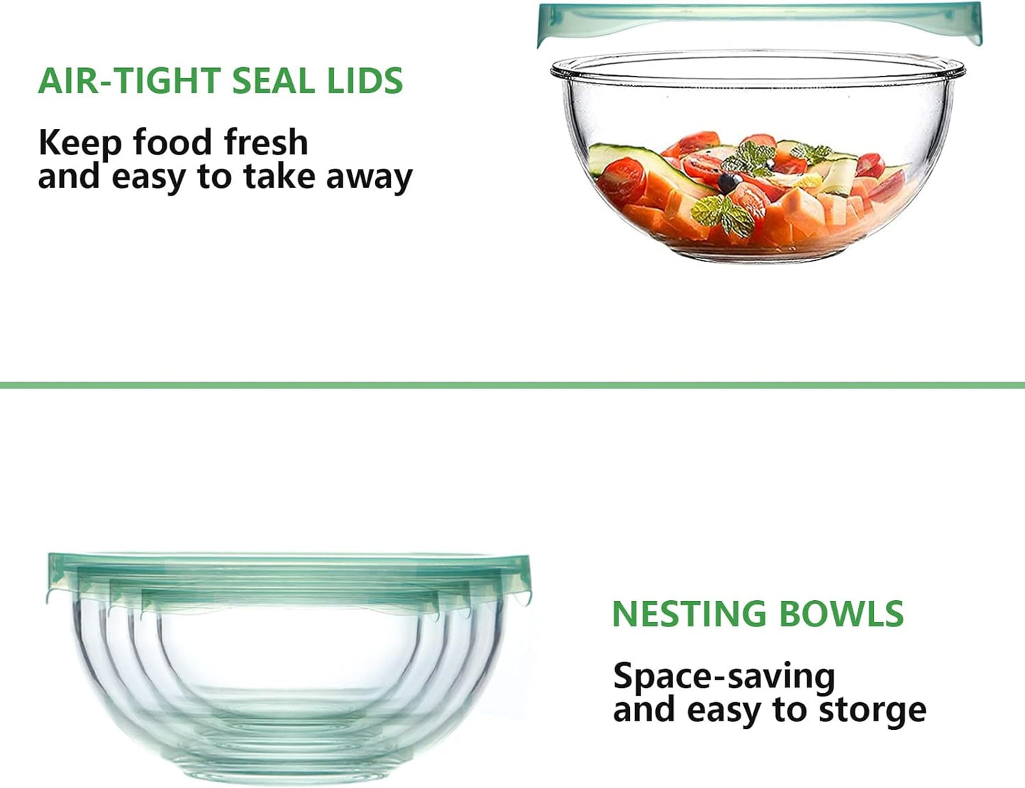 WhiteRhino Glass Mixing Bowls Glass Bowls with Lids Set(4.5QT,2.7QT, 1.1QT),Large Salad Bowls,glass mixing bowl Space-Saving Nesting Storage bowls for Cooking,Baking,Prepping,Dishwasher Safe