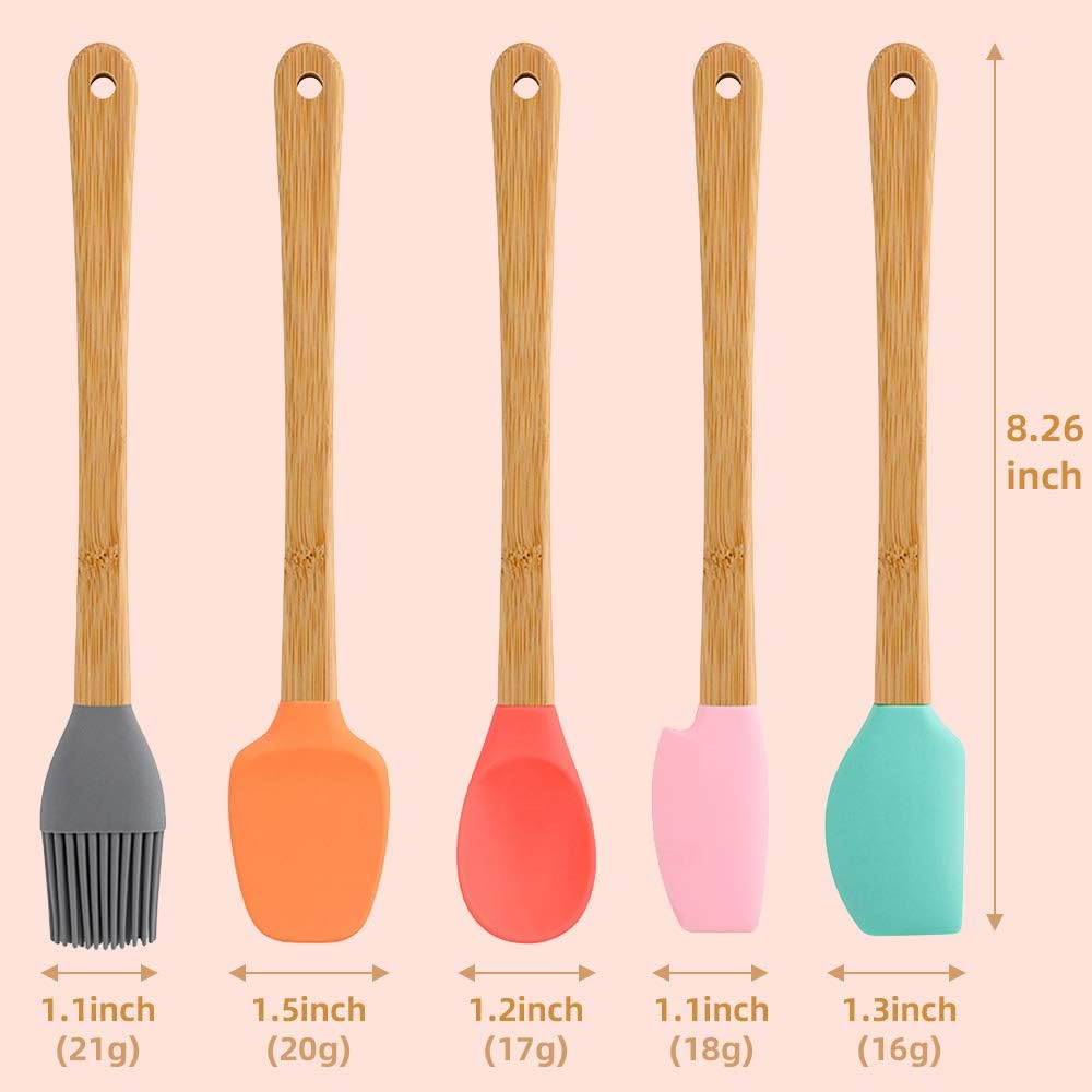 5 Piece Silicone Spatula,Mini Rubber Spatula Wooden Handle,Heat Resistant Silicone Spatula Set,Kitchen Utensils Non-Stick For Baking,Cooking And Mixing
