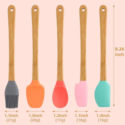 5 Piece Silicone Spatula,Mini Rubber Spatula Wooden Handle,Heat Resistant Silicone Spatula Set,Kitchen Utensils Non-Stick For Baking,Cooking And Mixing