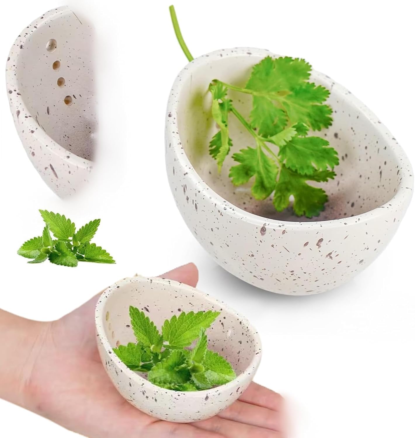 Ceramic Herb Stripper Bowl with Multi-Size Holes, Handmade Kitchen Tool, White (Green)