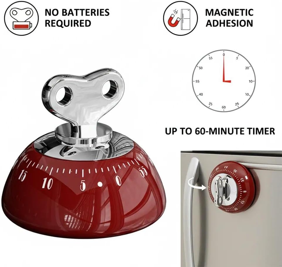 Retro Kitchen Timer Magnetic Mechanical 60 Minute Wind Up Timer No Batteries, Loud Alarm Timer for Cooking, Baking, Classroom, ABS Portable Kitchen Timer, Magnetic Mechanical Timing(White)